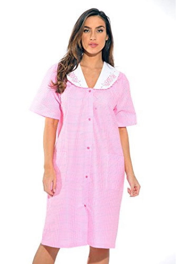 Women Short Sleeve Housecoat - Comfortable Loungewear for Sleep and Relaxation (Pink Throttle, 3X)
