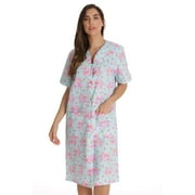 Dreamcrest Women's Seersucker Housecoat Duster - Short Sleeve Snap-Front with Pockets (Aqua - Roses, 3X Plus)
