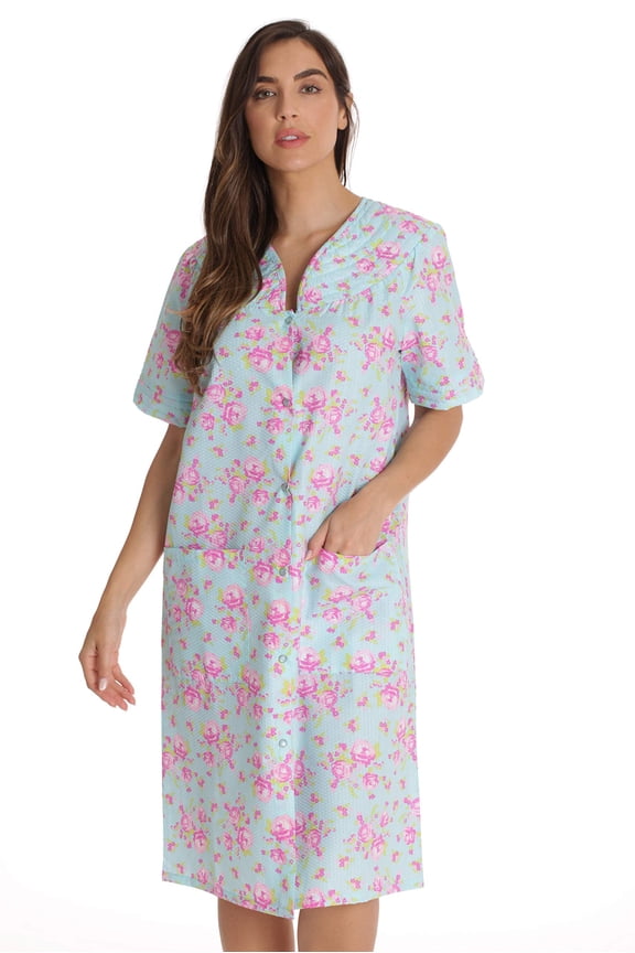Women's Seersucker Housecoat Duster - Short Sleeve Snap-Front with Pockets (Aqua - Roses, Small)