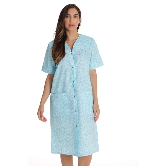 Dreamcrest Women's Seersucker Housecoat Duster - Short Sleeve Snap-Front with Pockets (Aqua - Tulips, Large)