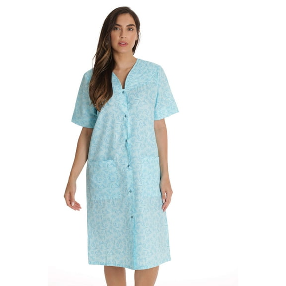 Dreamcrest Women's Seersucker Housecoat Duster - Short Sleeve Snap-Front with Pockets (Aqua - Tulips, Medium)