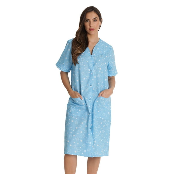 Dreamcrest Women's Seersucker Housecoat Duster - Short Sleeve Snap-Front with Pockets (Blue - Star Struck, Large)