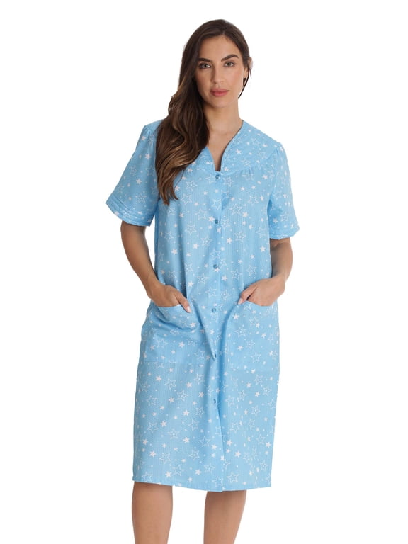 Women's Seersucker Housecoat Duster - Short Sleeve Snap-Front with Pockets (Blue - Star Struck, Large)