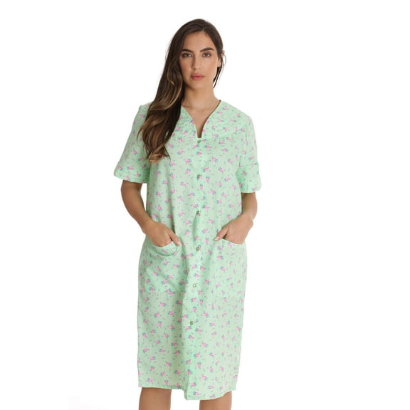 Dreamcrest Women's Seersucker Housecoat Duster - Short Sleeve Snap-Front with Pockets (Mint - Floral, Small)