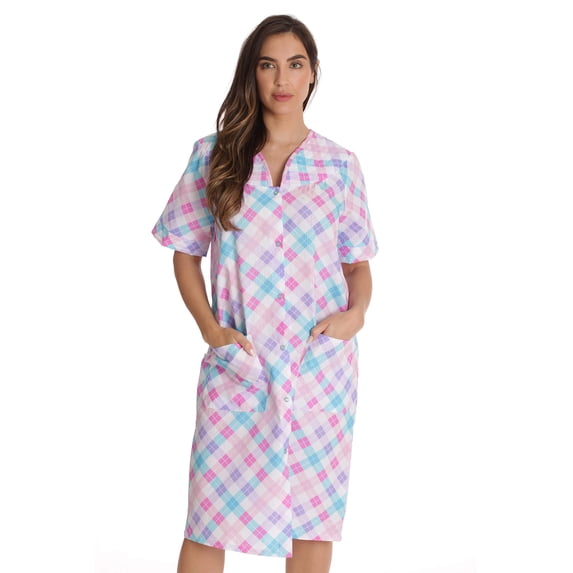 Dreamcrest Women's Seersucker Housecoat Duster - Short Sleeve Snap-Front with Pockets (Multi - Diagonal Plaid, Large)