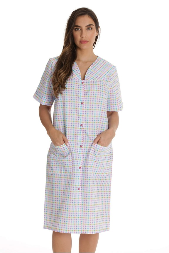 Women's Seersucker Housecoat Duster - Short Sleeve Snap-Front with Pockets (Multi - Plaid, 1X Plus)
