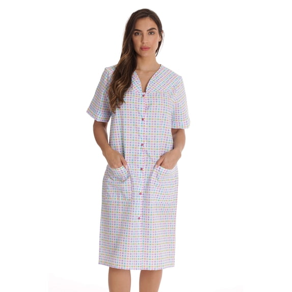 Dreamcrest Women's Seersucker Housecoat Duster - Short Sleeve Snap-Front with Pockets (Multi - Plaid, Medium)