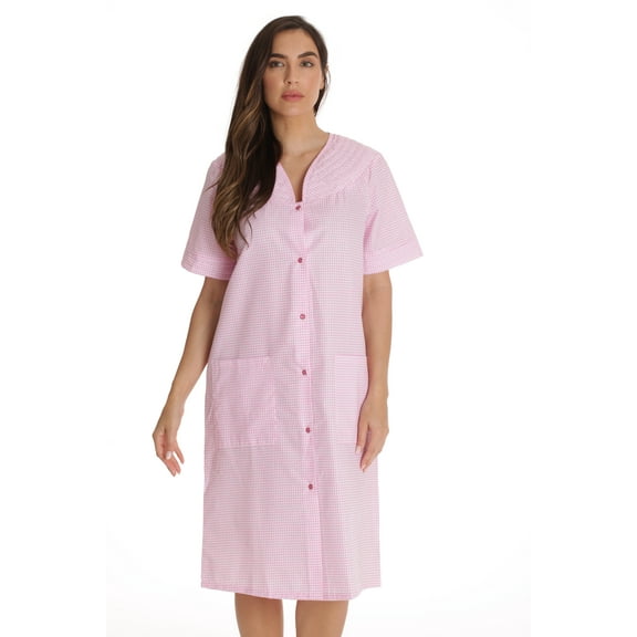 Dreamcrest Women's Seersucker Housecoat Duster - Short Sleeve Snap-Front with Pockets (Pink - Gingham, 3X Plus)