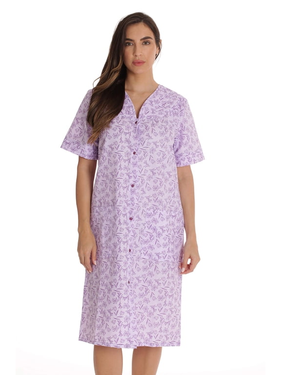 Women's Seersucker Housecoat Duster - Short Sleeve Snap-Front with Pockets (Purple - Tulips, 2X Plus)