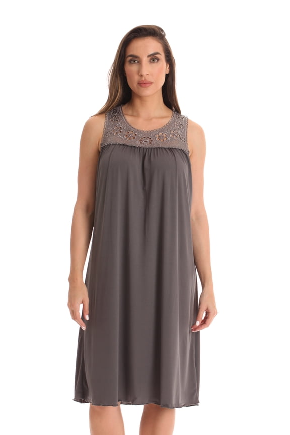 Women's Silky Soft Nightgown - Elegant Crochet Trim Sleep Dress for Comfortable Nights (Charcoal, Medium)