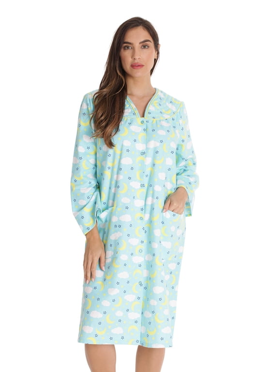 Womens Snap-Front House Coat Flannel Duster Nightgown with Pockets (Celestial - Aqua, 1X)