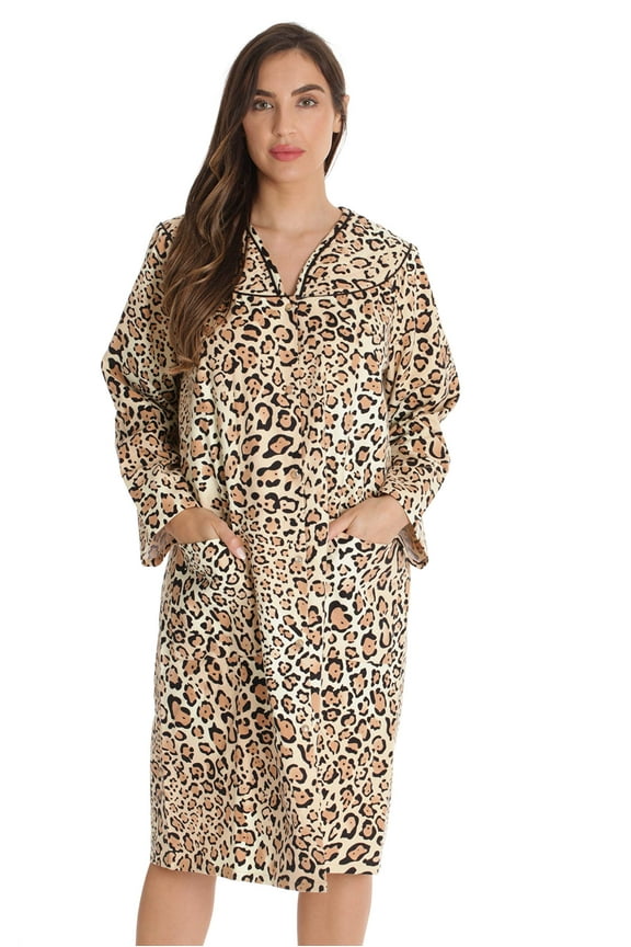 Women’s Snap-Front House Coat Flannel Duster Robe with Pockets (Leopard, Small)