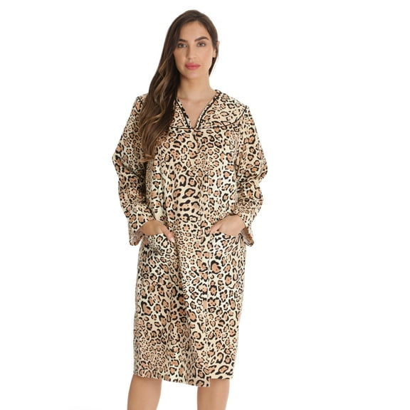 Dreamcrest Women’s Snap-Front House Coat Flannel Duster Robe with Pockets (Leopard, X-large)