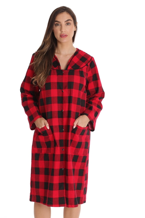 Women’s Snap-Front House Coat Flannel Duster Robe with Pockets (Red - Buffalo Plaid, 2X)