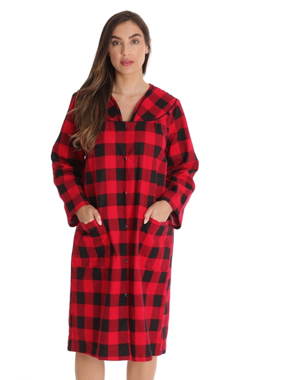 Women’s Snap-Front House Coat Flannel Duster Robe with Pockets (Red - Buffalo Plaid, Large)