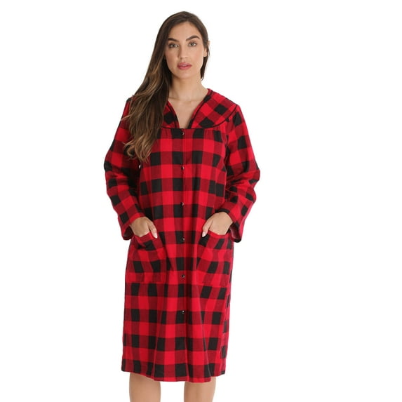 Dreamcrest Women’s Snap-Front House Coat Flannel Duster Robe with Pockets (Red - Buffalo Plaid, Medium)