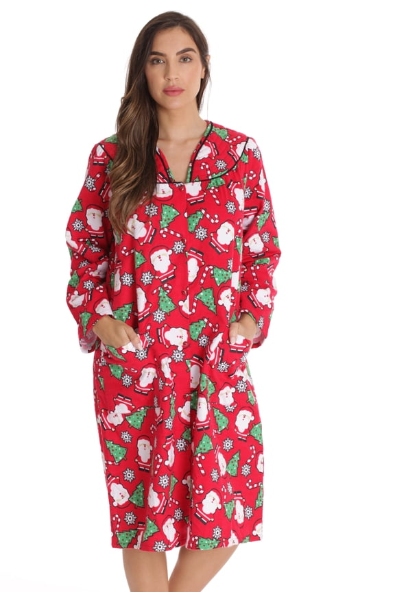 Women’s Snap-Front House Coat Flannel Duster Robe with Pockets (Red - Tossed Holiday, X-large)