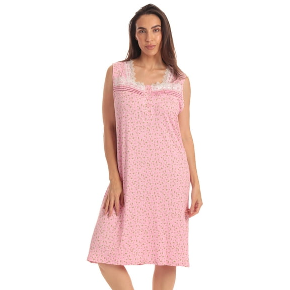 Dreamcrest Womens Sleeveless Nightgown with Lace Trim – Comfortable Sleepwear Pajamas – Solids & Prints (Mini Daisy - Pink, 2X)