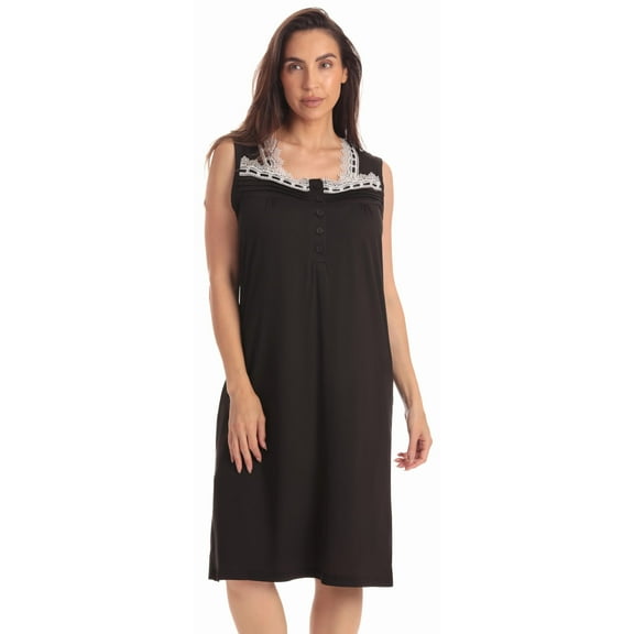 Dreamcrest Womens Sleeveless Nightgown with Lace Trim – Comfortable Sleepwear Pajamas – Solids & Prints (Solid Black With Lace Trim, Medium)