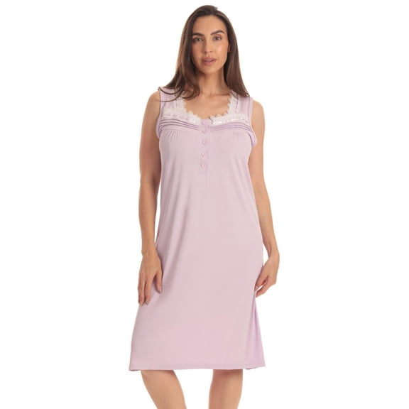 Dreamcrest Womens Sleeveless Nightgown with Lace Trim – Comfortable Sleepwear Pajamas – Solids & Prints (Solid Lavender With Lace Trim, 1X)