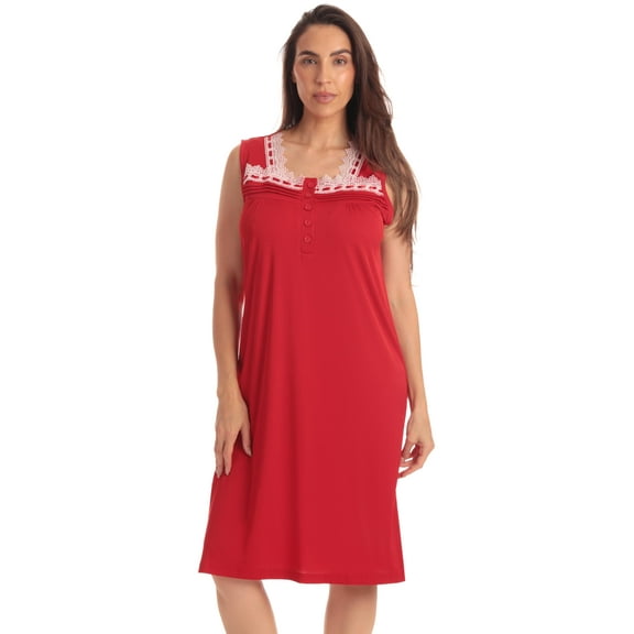 Dreamcrest Womens Sleeveless Nightgown with Lace Trim – Comfortable Sleepwear Pajamas – Solids & Prints (Solid Red With Lace Trim, 3X)