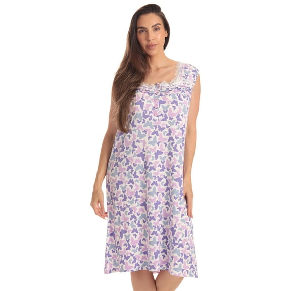 Dreamcrest Womens Sleeveless Nightgown with Lace Trim – Comfortable Sleepwear Pajamas – Solids & Prints (Tossed Butterfly, Medium)
