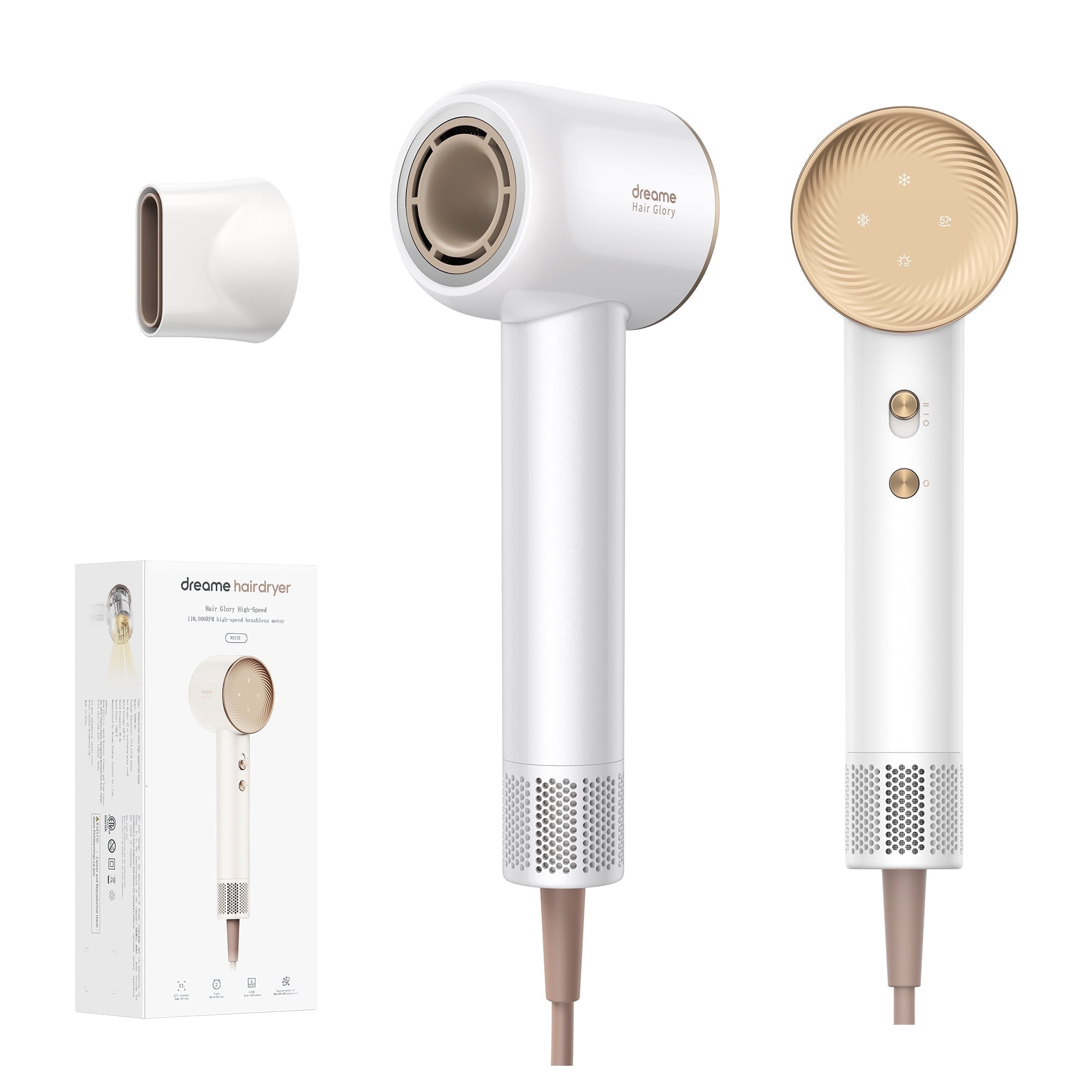 Dreame Negative Ionic Blow Hair Dryer, 110,000 RPM Motor High-Speed, Low Noise, Light, Glory (White)