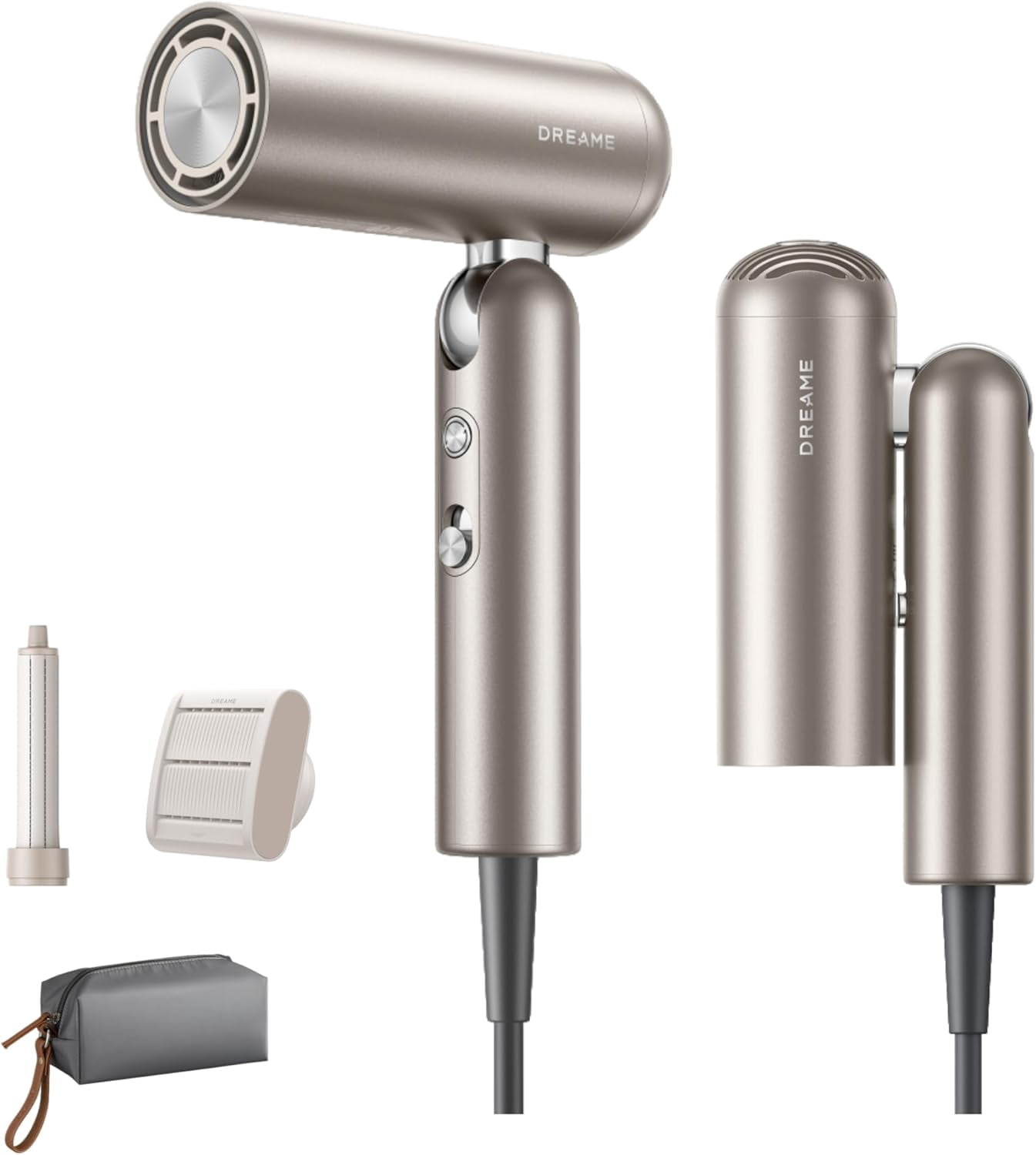 Dreame Pocket Compact Ionic Hair Dryer, Gold, 1000 Watts, Fast Drying, High-Speed Brushless Motor, 300M Negative Ions, Low Noise, Portable for Home & Domestic Travel & Gym