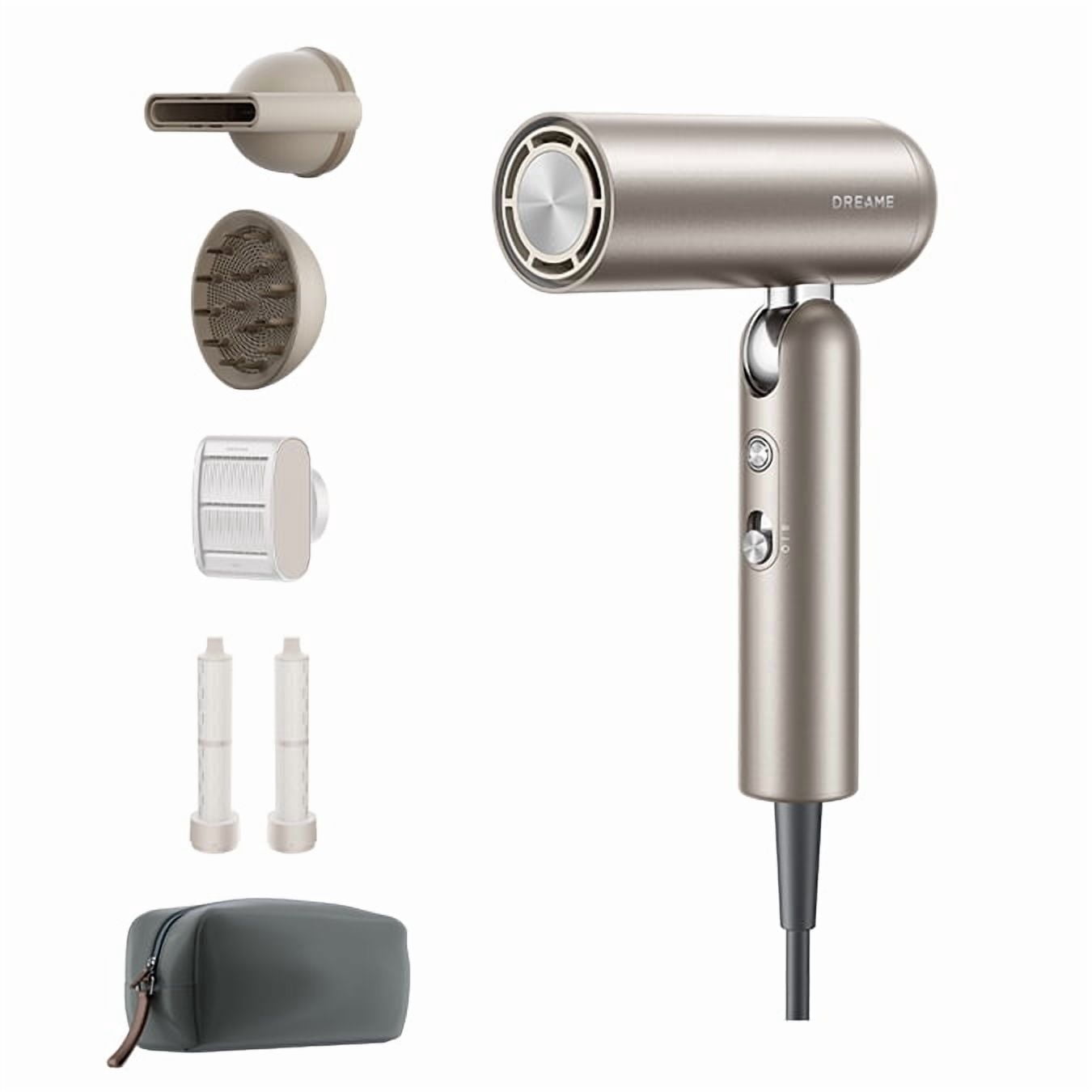 Dreame Pocket Hair Dryer - Ultra Lightweight Blow Dryer with 4 Styling Attachments, Fast Drying, 300M Negative Ions, Low Noise, Portable for Home & Domestic Travel & Gym,Gold