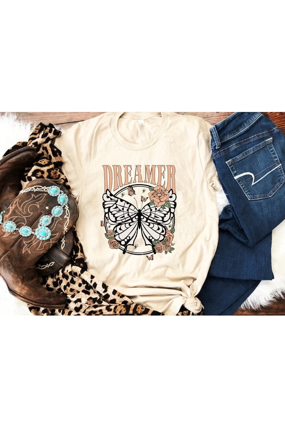 Dreamer Butterfly Shirt, Dreamer Shirt, Butterfly Tee for Women, Distressed 90s Shirt, Boho Tees, Spring Shirts, Vintage Birthday Gift