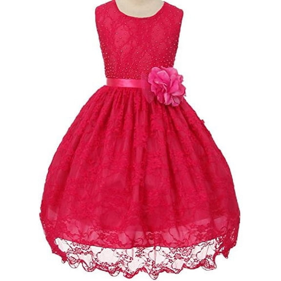 Dreamer PePi Floral Lace Bead Ribbon Easter Party Birthday Little Girls' Flower Girl Dress Fuchsia 2 (C03B38)