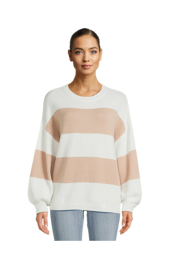 Women's Striped Sweater with Long Puff Sleeves, Mid-Weight