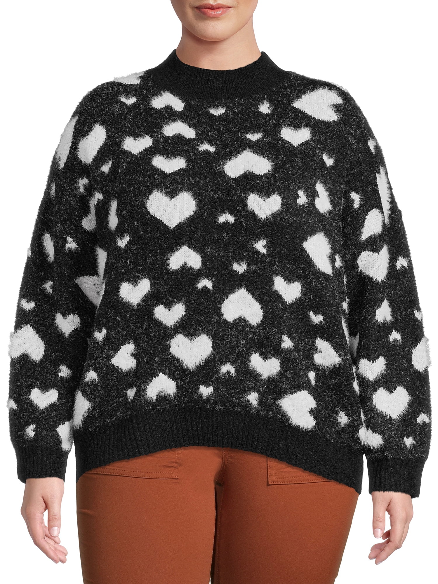 Dreamers by Debut Fuzzy Heart Mock Neck Pullover Sweater - Walmart.com