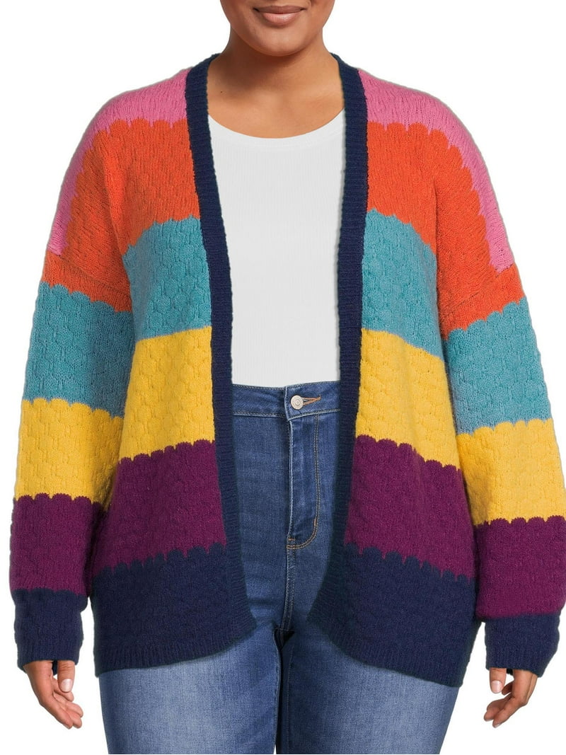 Dreamers by Debut Plus Size Open-Front Honeycomb Stripe Cardigan