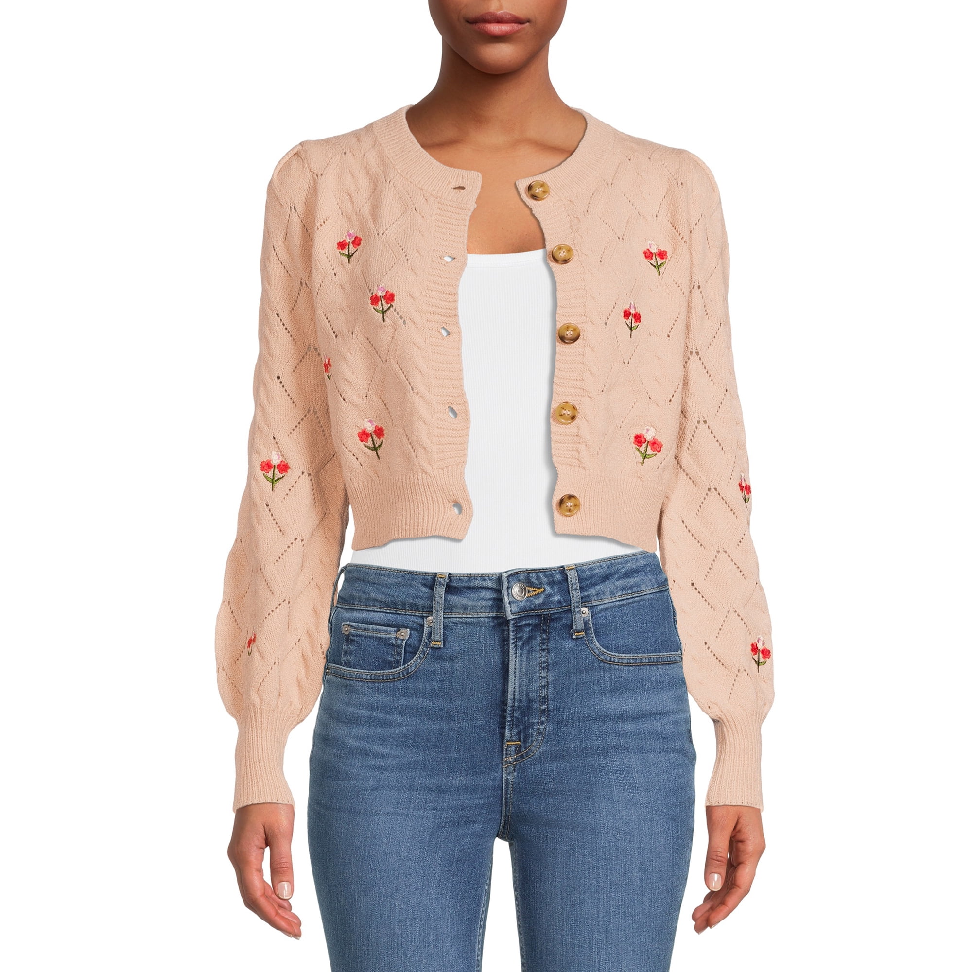 Dreamers by Debut Womens Floral Stitched Cardigan Long Sleeve Sweater 