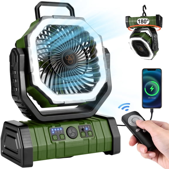 Dreamfair 30000mAh Camping Fan with LED Lantern, Rechargeable Battery Operated Oscillating Fan with Remote & Hook, Portable Tent Fan with Timer, 4 Speeds for Outdoor Camp RV Jobsite Power Outage, Gre