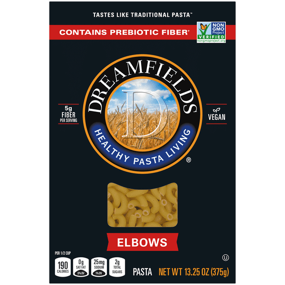 Dreamfields Elbows Pasta, Vegan with 5g Fiber, 13.25 oz, (Shelf Stable)