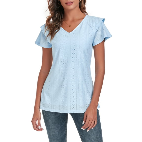 Dreamfish Women's Summer Tops V Neck T Shirt Ruffle Short Sleeve Eyelet Top Casual Eyelet Blouse