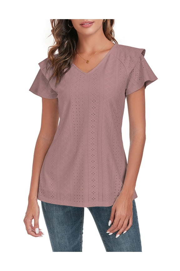 Women's Summer Tops V Neck T Shirt Ruffle Short Sleeve Eyelet Top Casual Eyelet Blouse