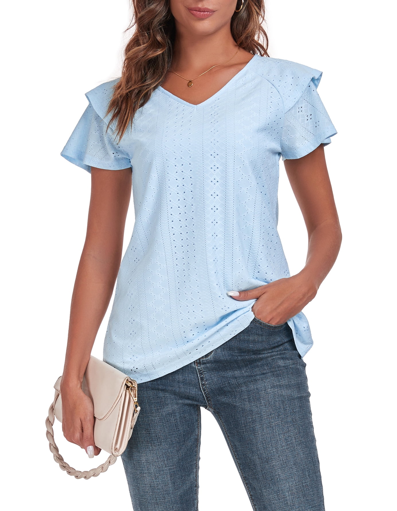 Dreamfish Women's Summer Tops V Neck T Shirt Ruffle Short Sleeve Eyelet ...