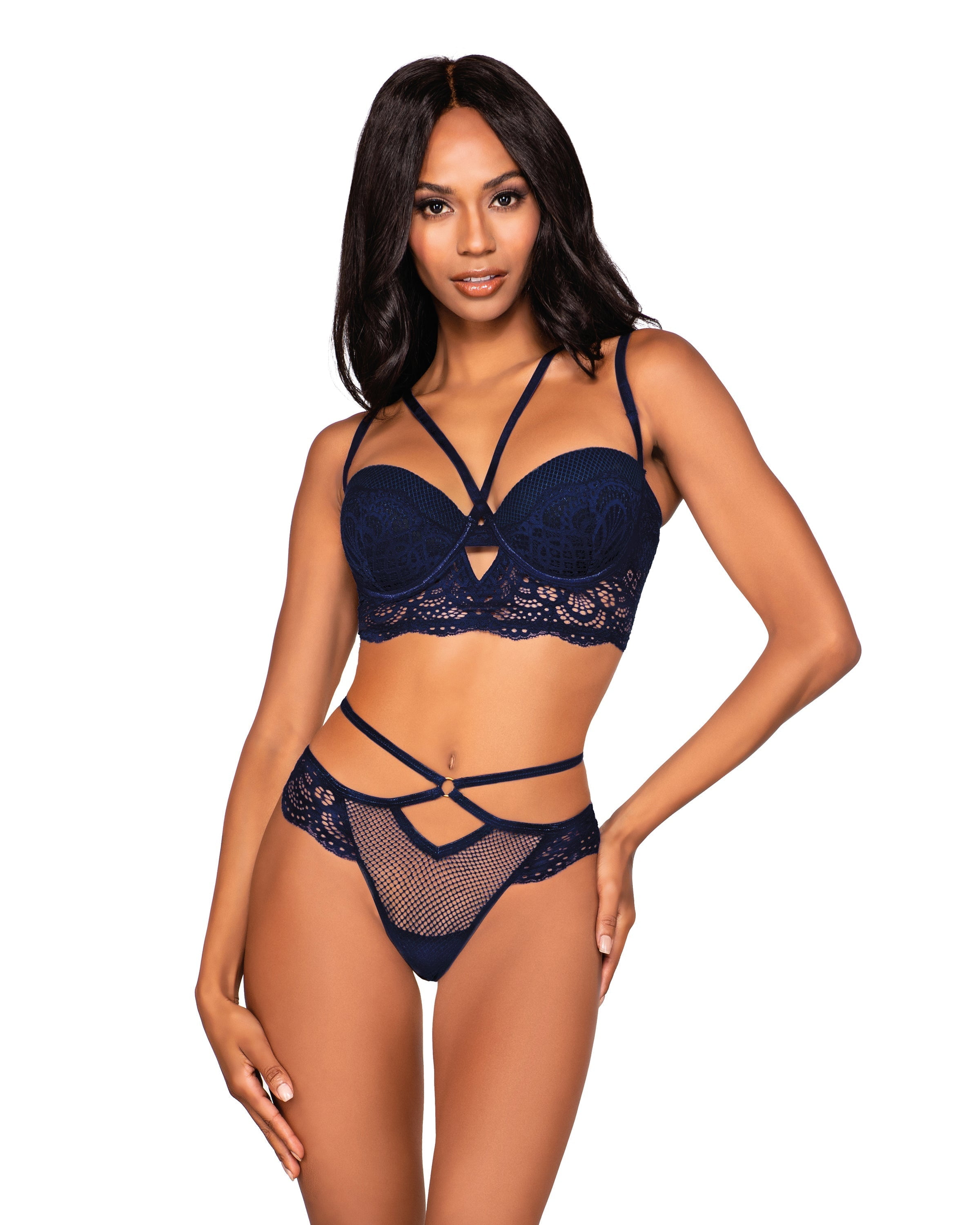 Dreamgirl Fishnet & Scalloped Lace Bra Set with Plunge Neckline