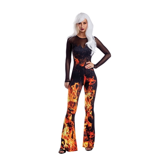 Dreamgirl Flame Jumpsuit with Mesh Neckline Women’s Costume – Fiery Halloween Outfit