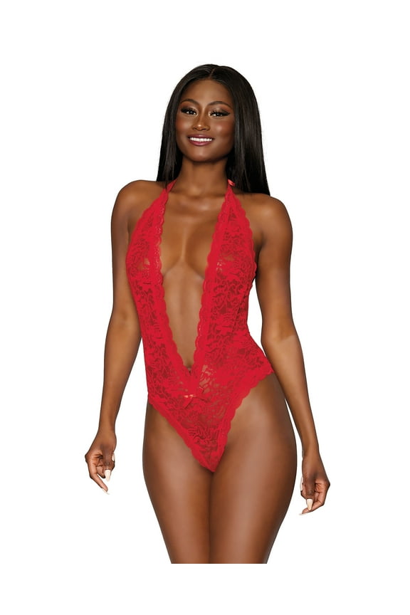 Women's Dreamgirl 8694 Halter Stretch Lace Teddy (Red O/S)