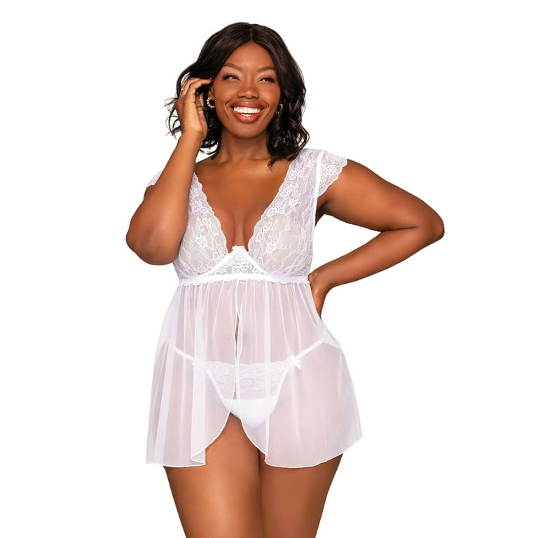 Dreamgirl Plus Size Lace Mesh Babydoll & G-String Set with Exposed Underwire  Cup Detail 