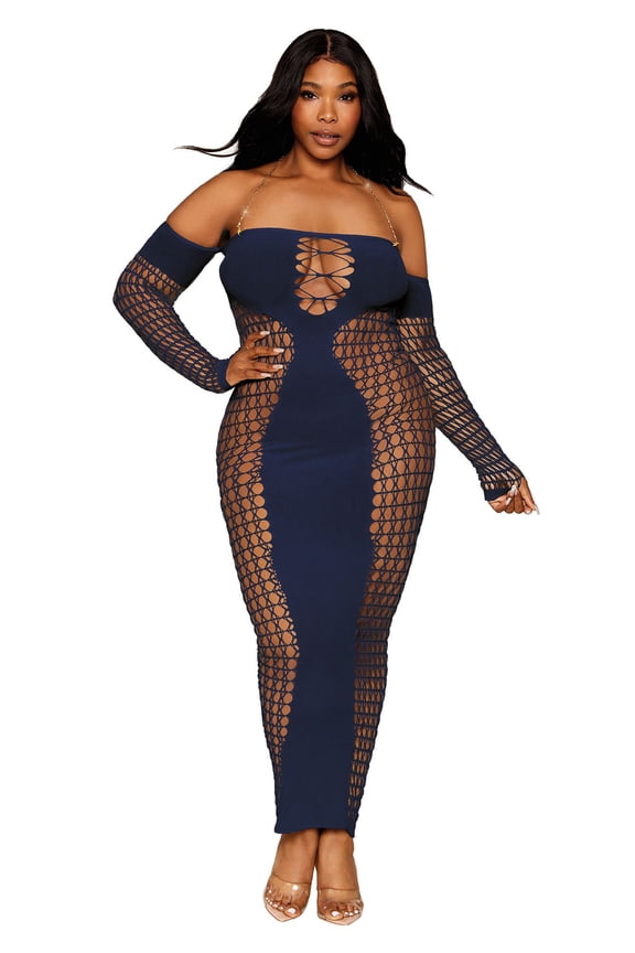 Plus Size Seamless Bodystocking Gown with Removable Gold Halter Chain