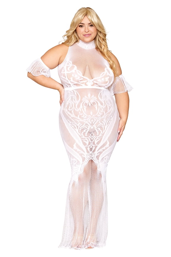Plus Size Seamless Geometric Fence Net Design Bodystocking Gown