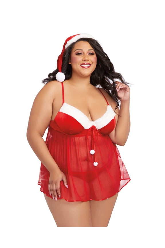 Plus Size Stretch Velvet Santa Babydoll & Thong Set with Matching Santa Hat