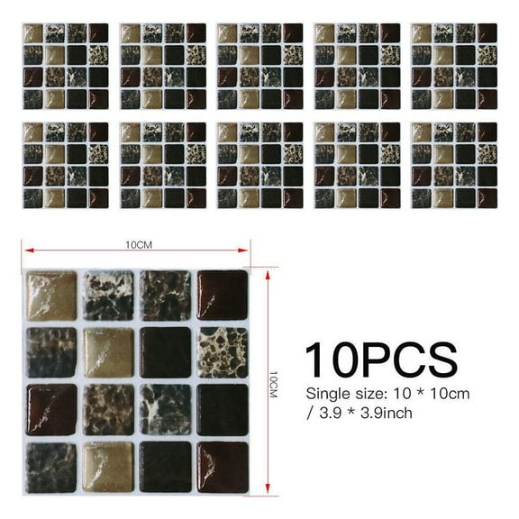 Dreamhall 10 Pcs Mosaic Wall Tile Stickers, DIY Self Adhesive Waterproof Sticky Wallpaper, Kitchen Bathroom Tile Wall Art Decals Home Decoration 10 x 10 cm MSC075