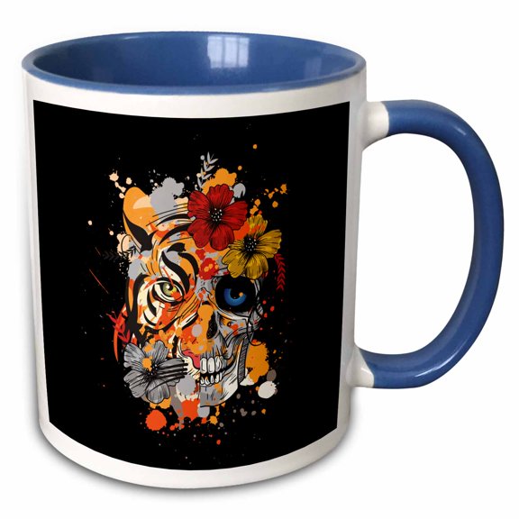3drose, Dreaming Head of Skull with Tiger Wildlife Animal and Hibiscus, 15oz Two-tone Blue Mug