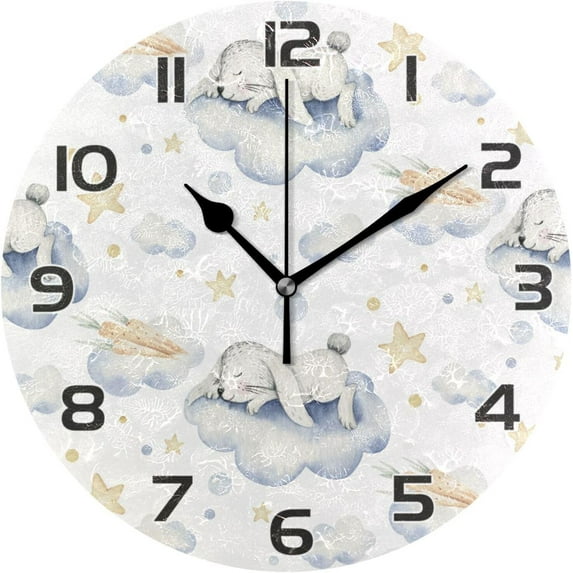 Dreaming Rabbits Wall Clock Round Vintage Silent Non Ticking Battery Operated Accurate Arabic Numerals Design for Home Kitchen Living Room Bedroom Inch